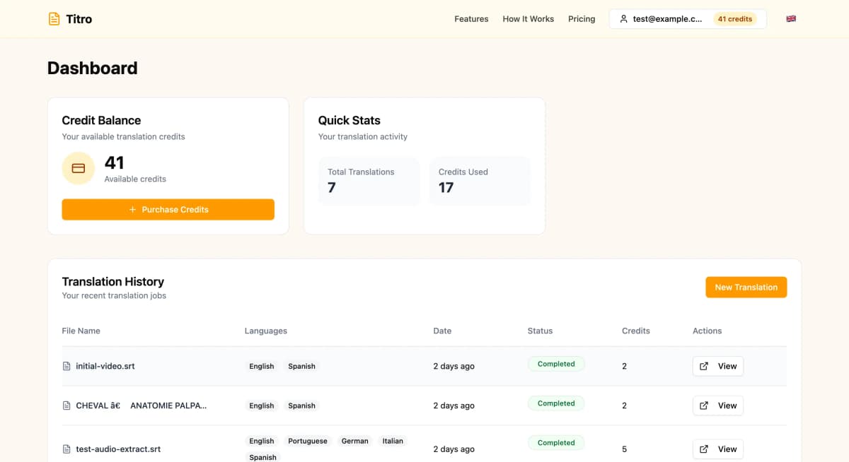 App dashboard with translation history